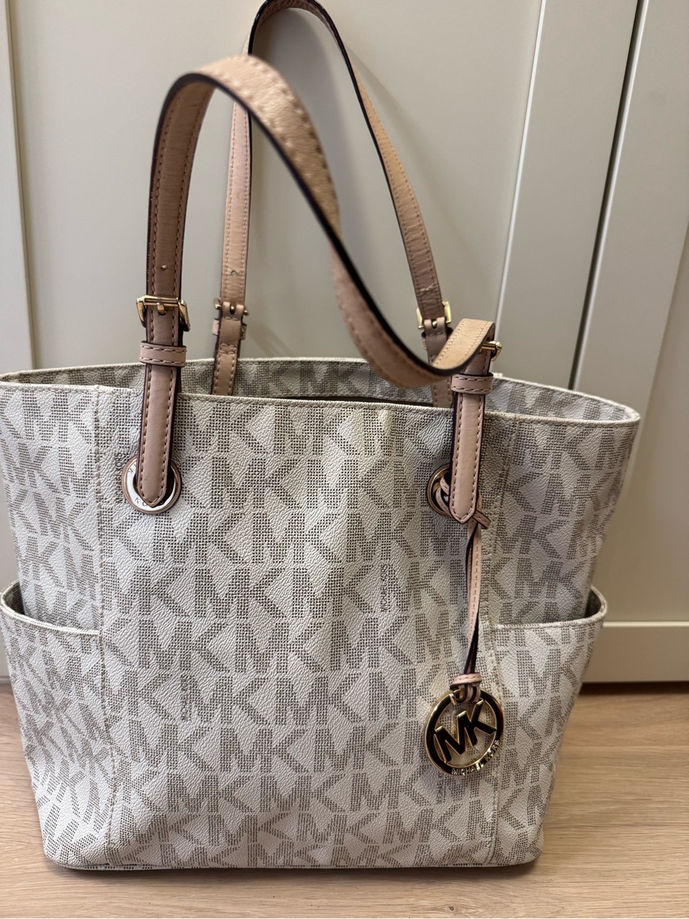 Michael Kors Cream MK Signature Tote with Blush Trim